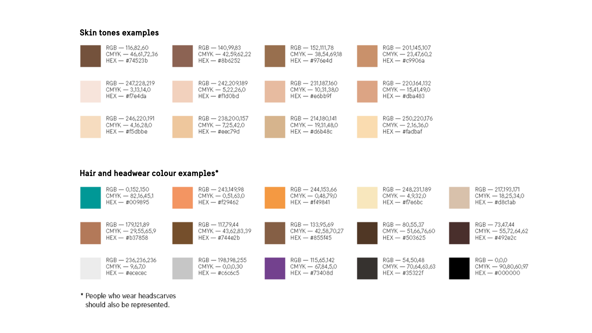 Colour examples for skin tones, as well as hair and headwear.