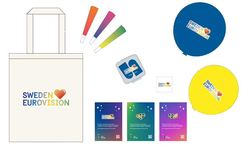 Eurovision merch like a tote bag and balloons.