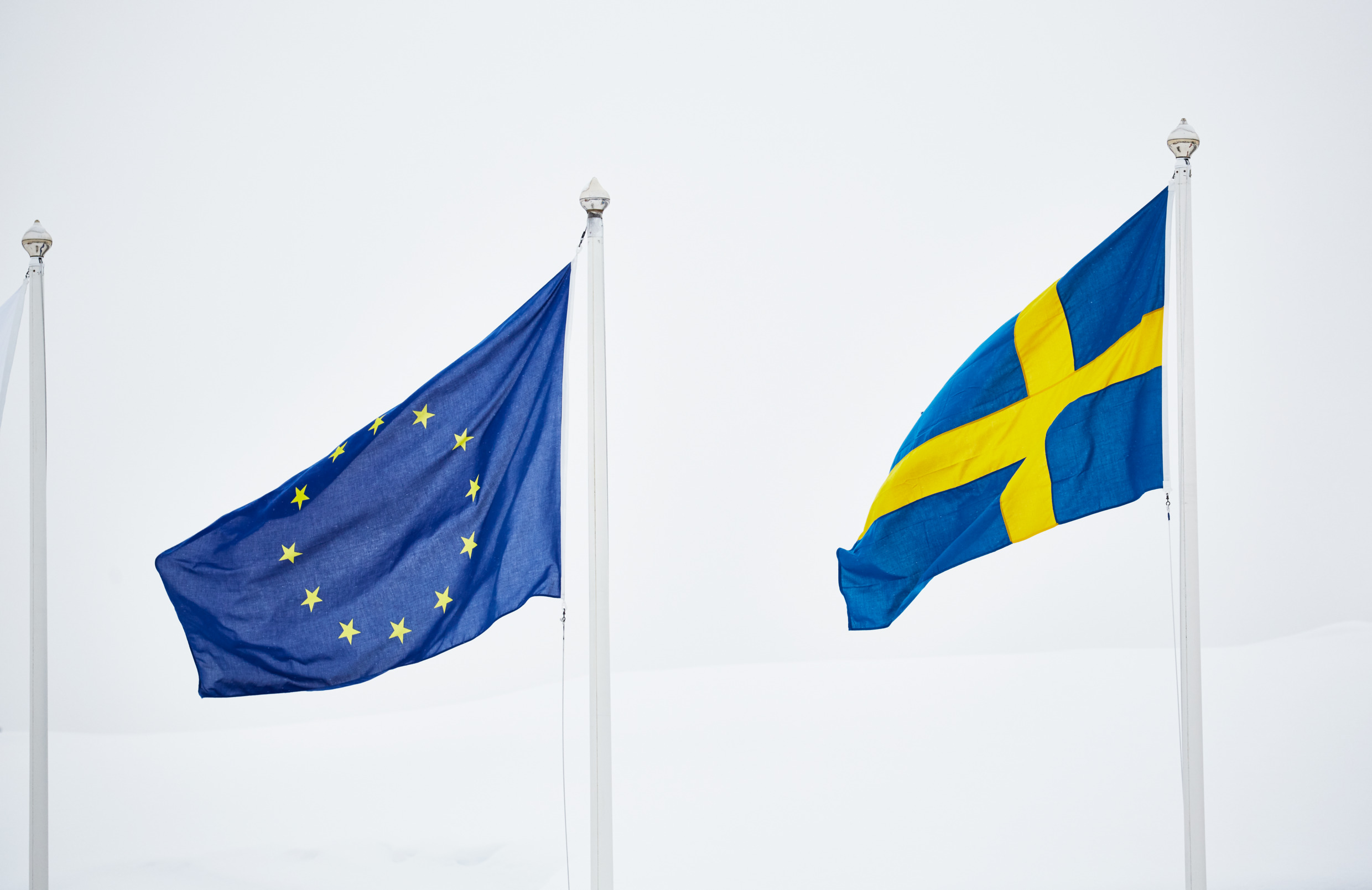 An EU flag next to a Swedish flag. Both blue and yellow.