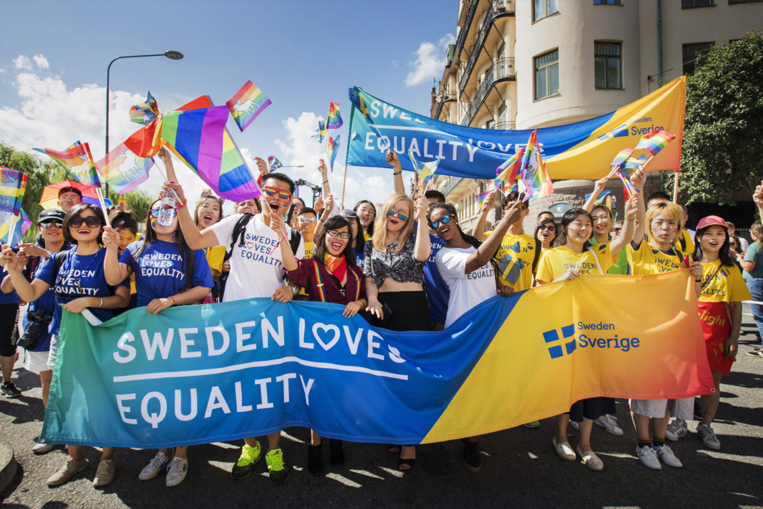 People at a pride parade with a Sweden banner.